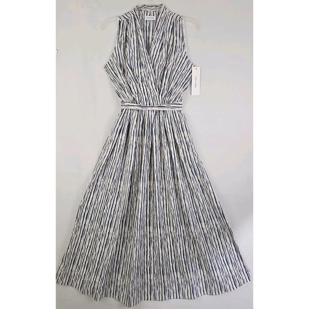 Calvin Klein ~Size 6~ Cream/Blue Stripes Maxi Dress With Waist Tie & Pockets NWT - Picture 2 of 16